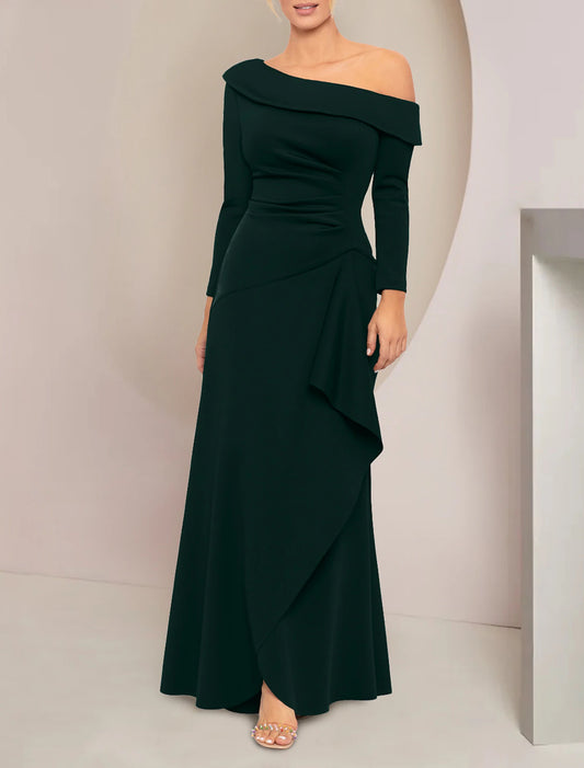 A-Line Mother of the Bride Dress Wedding Guest Elegant Party Off Shoulder Floor Length Stretch Fabric Long Sleeve