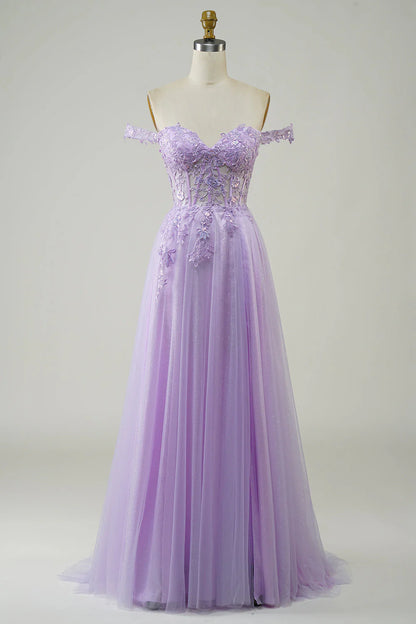 Corset A-Line Long Tulle Purple Prom Dress With Lace