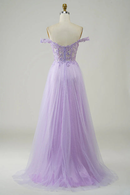 Corset A-Line Long Tulle Purple Prom Dress With Lace