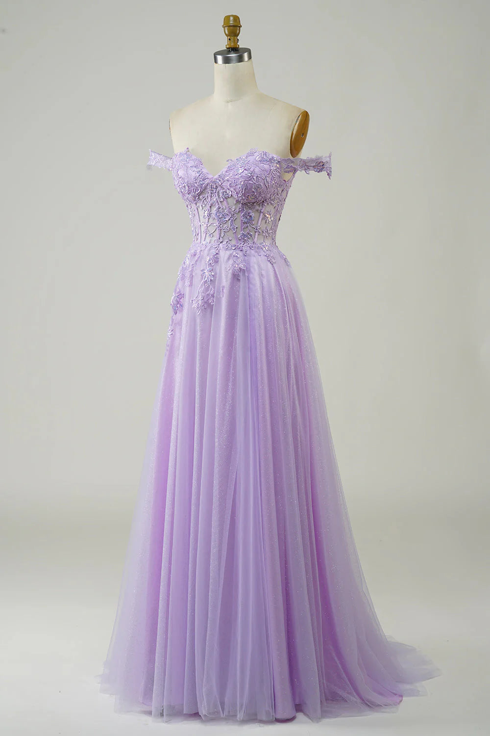 Corset A-Line Long Tulle Purple Prom Dress With Lace