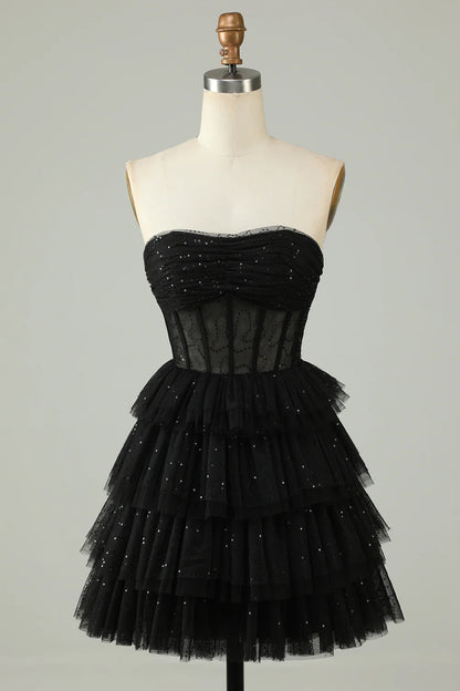 Corset Cute Tiered Sparkly Black Homecoming Dress With Ruffles