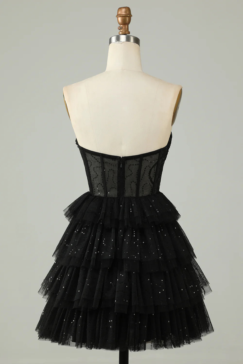 Corset Cute Tiered Sparkly Black Homecoming Dress With Ruffles