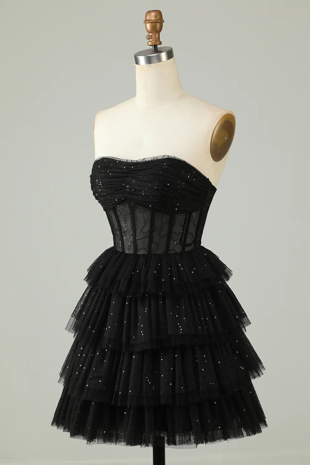 Corset Cute Tiered Sparkly Black Homecoming Dress With Ruffles