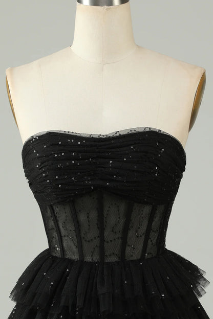 Corset Cute Tiered Sparkly Black Homecoming Dress With Ruffles