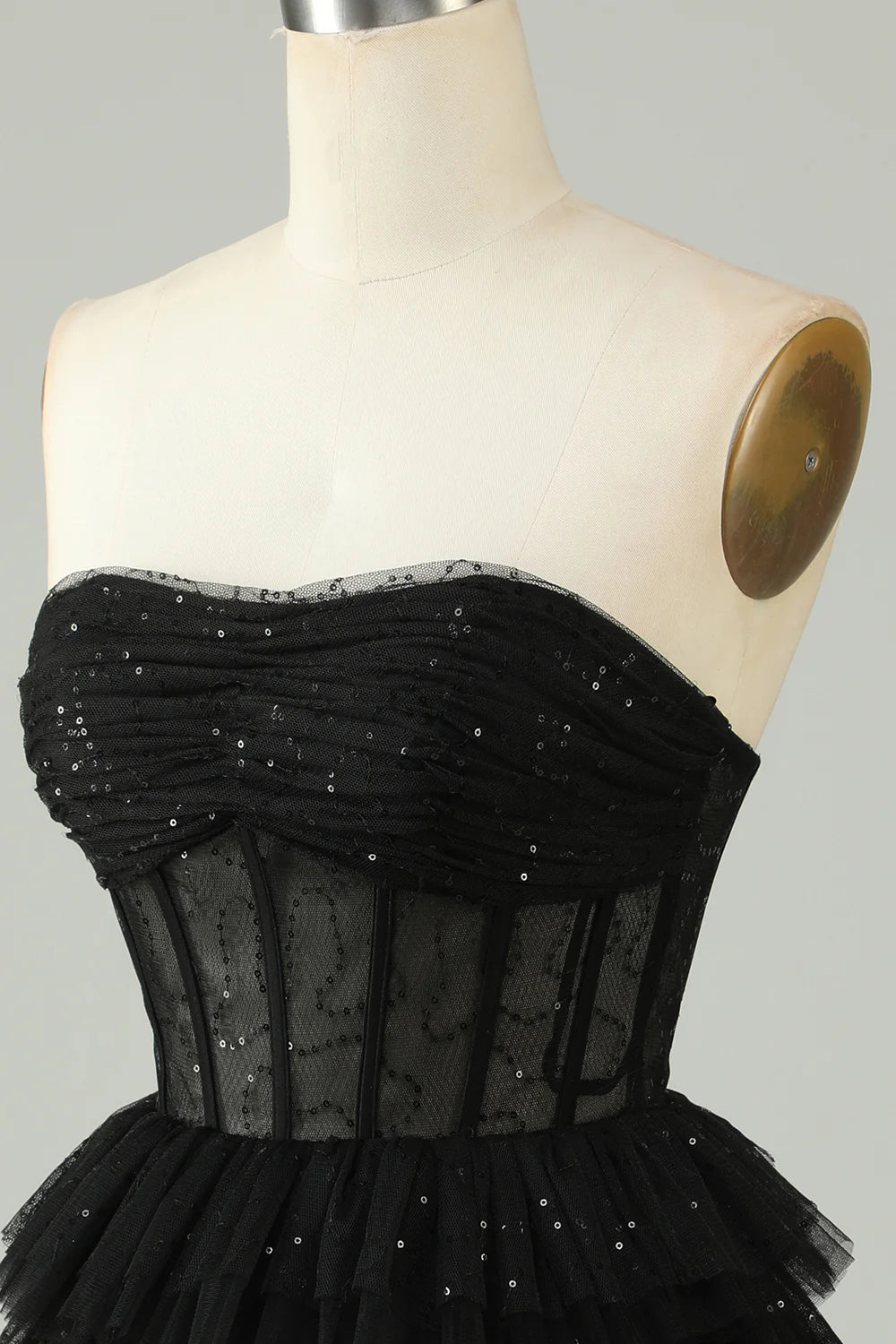 Corset Cute Tiered Sparkly Black Homecoming Dress With Ruffles