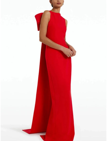 Sheath Red Green Dress Evening Gown Elegant Dress Formal Sweep / Brush Train Sleeveless Jewel Neck Stretch Fabric