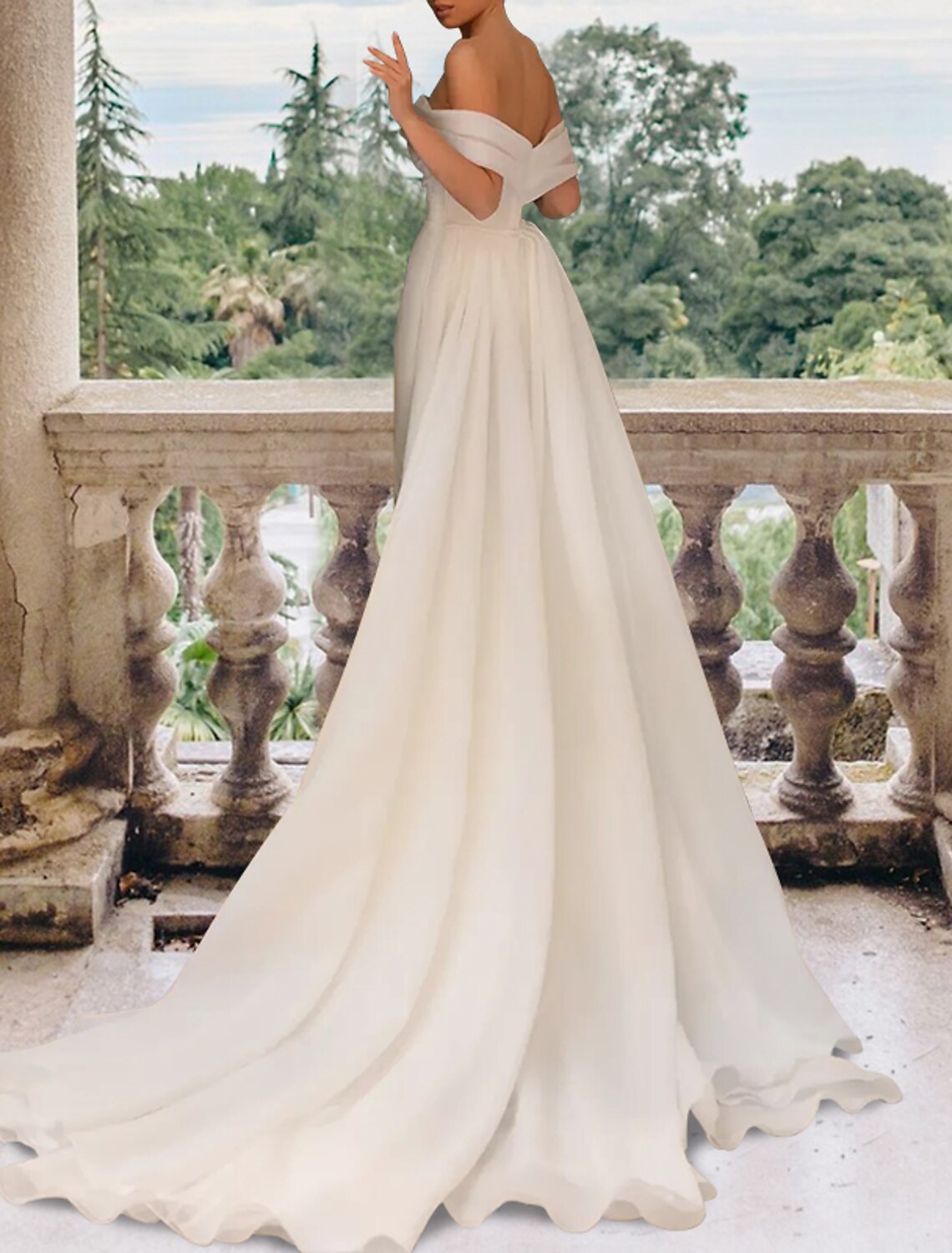 Hall Casual Wedding Dresses Sheath / Column Off Shoulder Cap Sleeve Court Train Satin Bridal Gowns