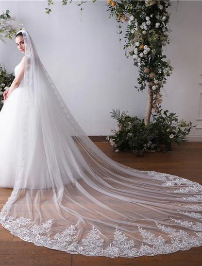 One-tier Lace Applique Edge / Lace Wedding Veil Cathedral Veils