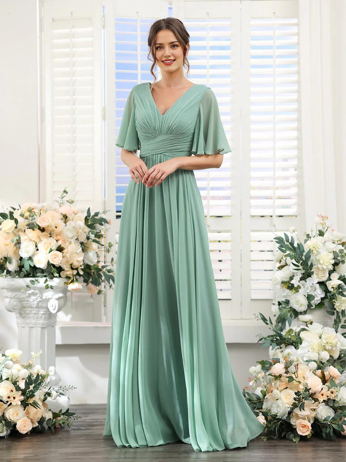 A-Line V-Neck Short Sleeve Bridesmaid Dress for Wedding Guest Long Chiffon Formal Party Dresses with Slit