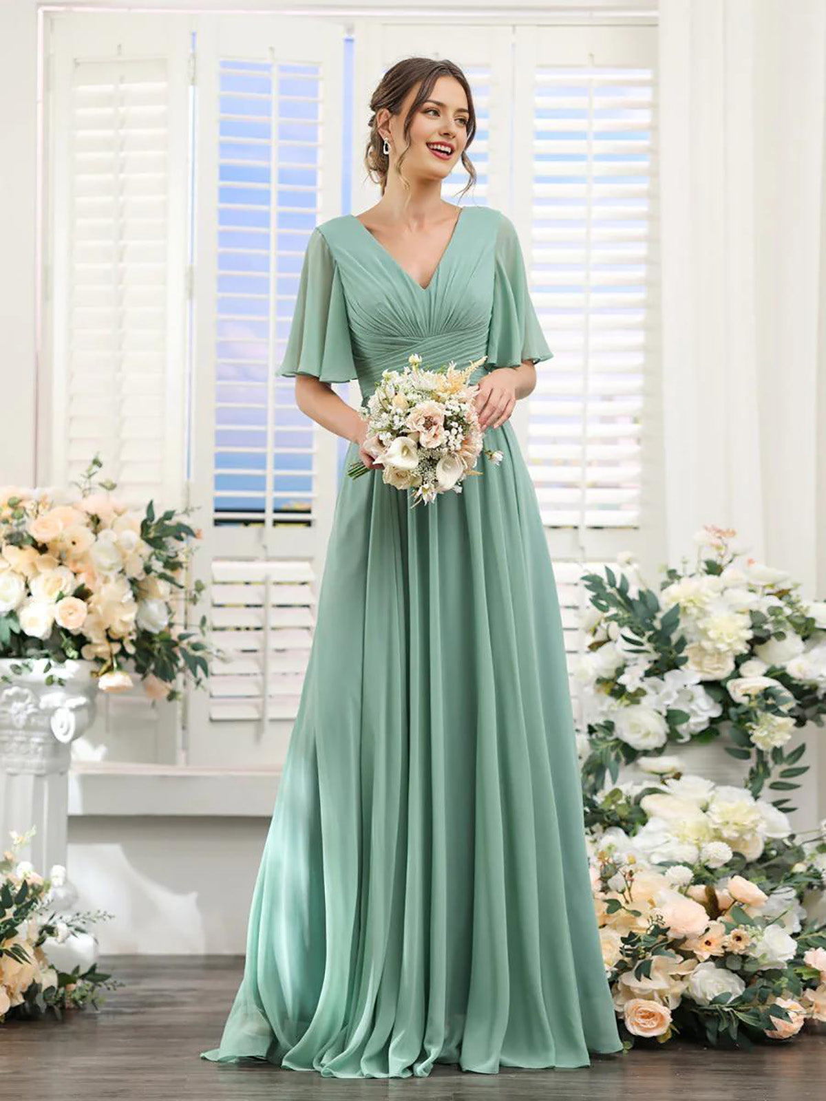 A-Line V-Neck Short Sleeve Bridesmaid Dress for Wedding Guest Long Chiffon Formal Party Dresses with Slit