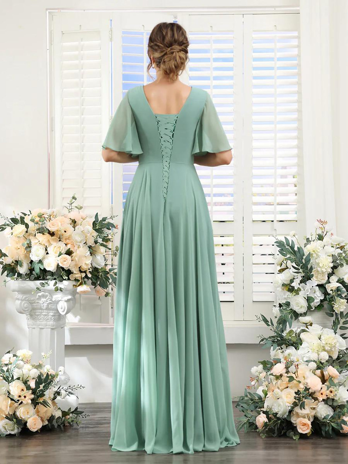 A-Line V-Neck Short Sleeve Bridesmaid Dress for Wedding Guest Long Chiffon Formal Party Dresses with Slit