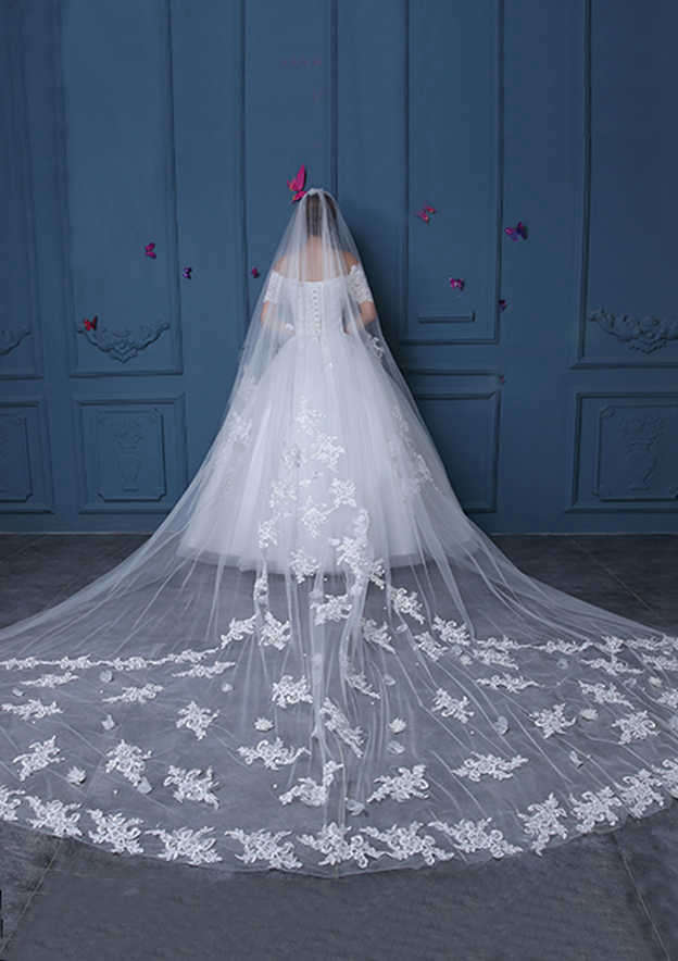 One-tier Cathedral Bridal Veils With Applique Lace