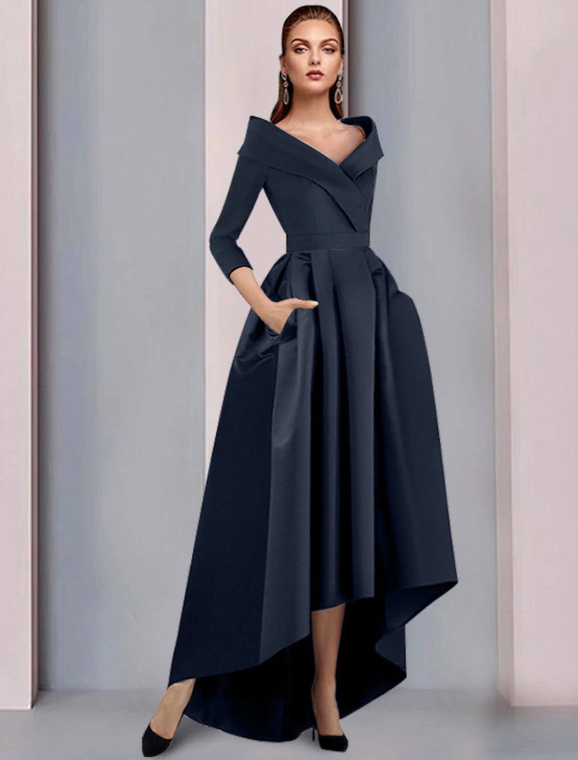 A-Line Mother of the Bride Dress Wedding Guest Elegant High Low Sweet Spaghetti Strap Asymmetrical Tea Length Satin 3/4 Length Sleeve