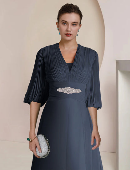 A-Line Mother of the Bride Dress Formal Wedding Guest Elegant Vintage Party V Neck Tea Length Chiffon 3/4 Length Sleeve