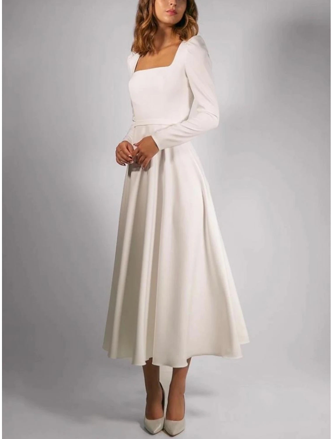 Simple Wedding Dresses A-Line Square Neck Long Sleeve Tea Length Stretch Fabric Bridal Gowns