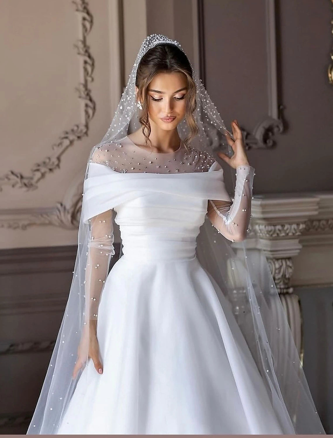 Simple Wedding Dresses Wedding Dresses A-Line V Neck Long Sleeve Court Train Chiffon Bridal Gowns