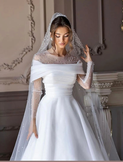 Simple Wedding Dresses Wedding Dresses A-Line V Neck Long Sleeve Court Train Chiffon Bridal Gowns