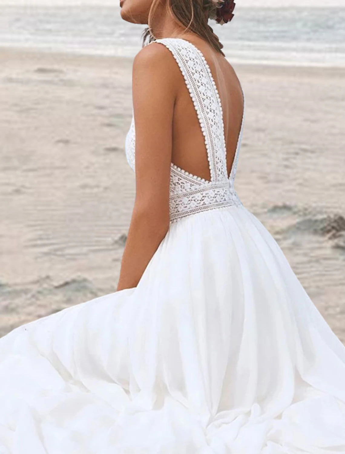 Beach Open Back Boho Wedding Dresses A-Line V Neck Sleeveless Floor Length Chiffon Bridal Gowns