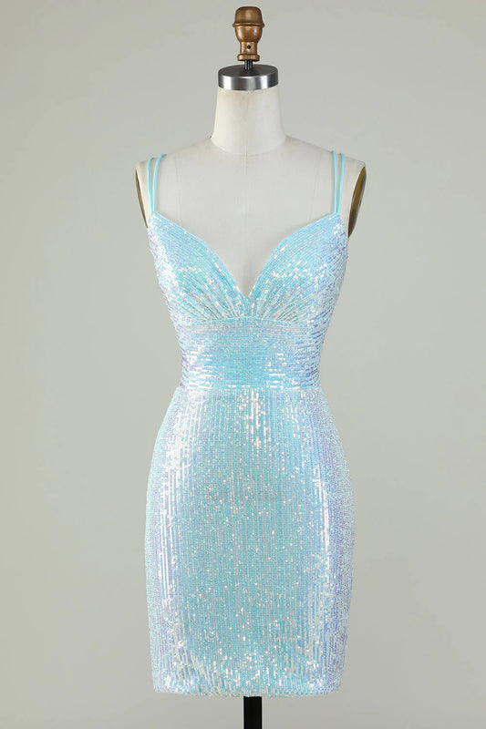 Glitter Tight Light Blue Homecoming Dress With Lace-Up Back