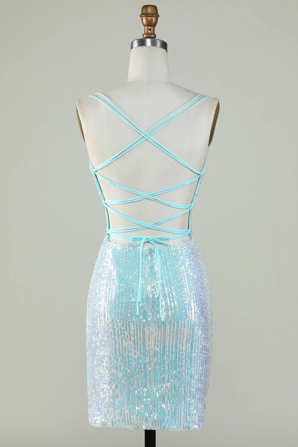 Glitter Tight Light Blue Homecoming Dress With Lace-Up Back