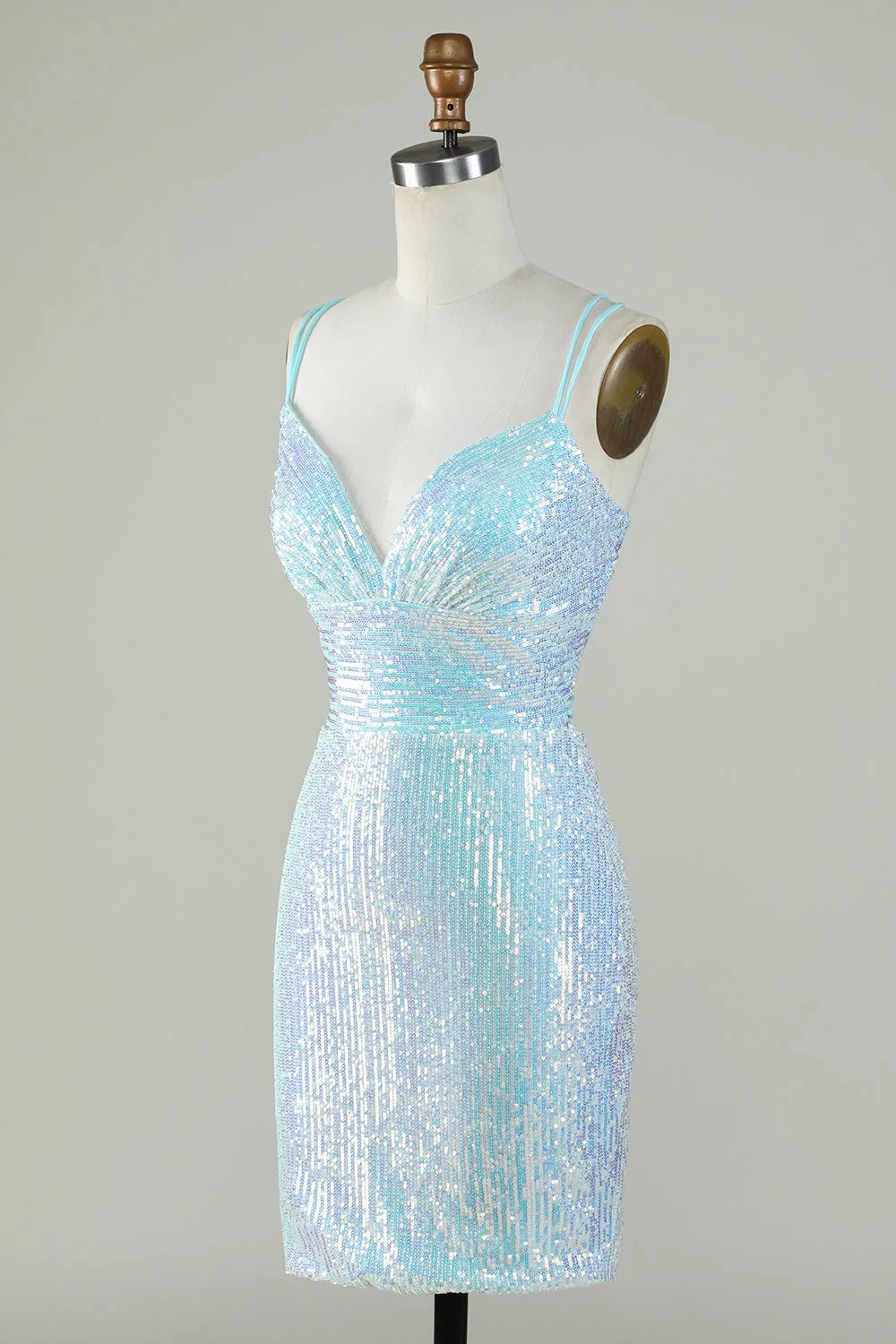 Glitter Tight Light Blue Homecoming Dress With Lace-Up Back