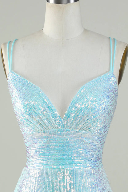 Glitter Tight Light Blue Homecoming Dress With Lace-Up Back