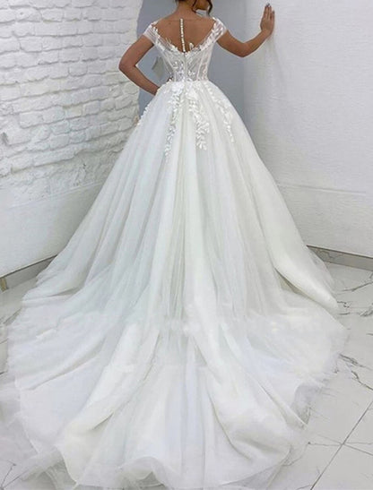 Formal Wedding Dresses Ball Gown V Neck Cap Sleeve Chapel Train Lace Bridal Gowns